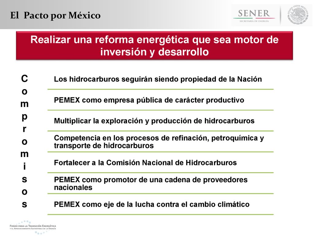 El Pacto por México Realizar una reforma energética que sea motor de inversión y desarrollo. Compromisos.
