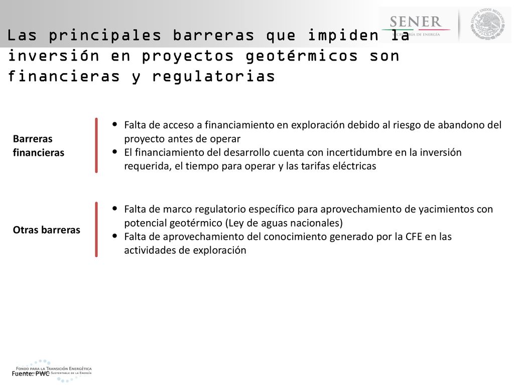 Las principales barreras que impiden la inversión en proyectos geotérmicos son financieras y regulatorias