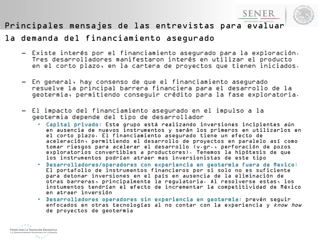 Principales mensajes de las entrevistas para evaluar la demanda del financiamiento asegurado