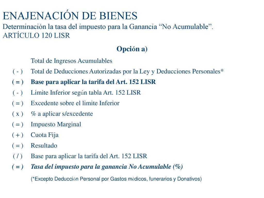 ENAJENACIÓN DE BIENES Determinación la tasa del impuesto para la Ganancia No Acumulable . ARTÍCULO 120 LISR
