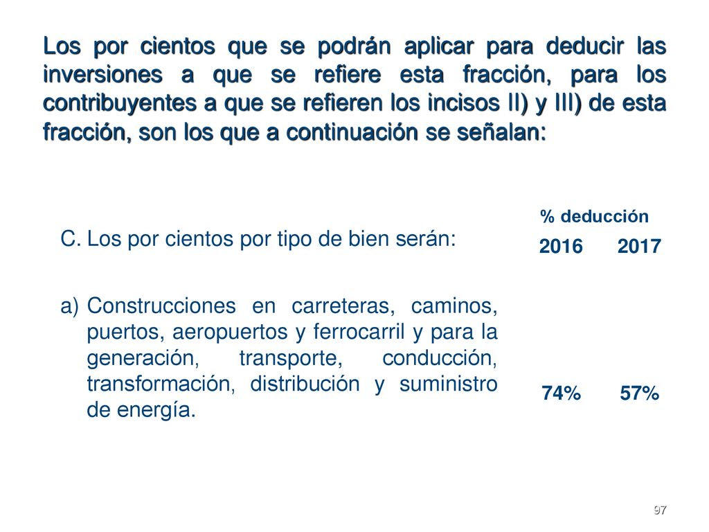 Los por cientos que se podrán aplicar para deducir las inversiones a que se refiere esta fracción, para los contribuyentes a que se refieren los incisos II) y III) de esta fracción, son los que a continuación se señalan: