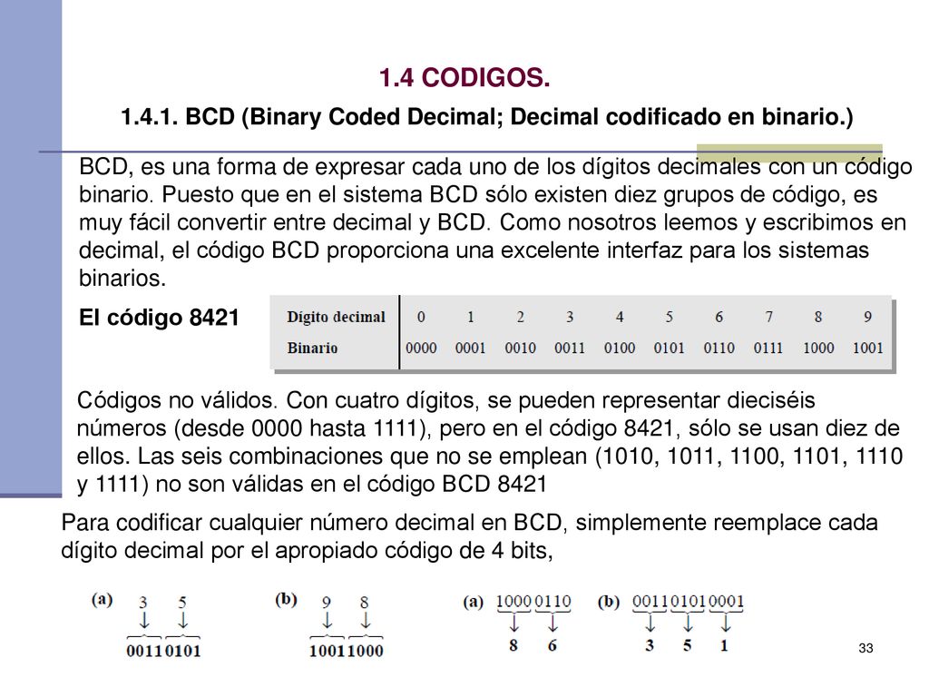 1.4 CODIGOS BCD (Binary Coded Decimal; Decimal codificado en binario.)