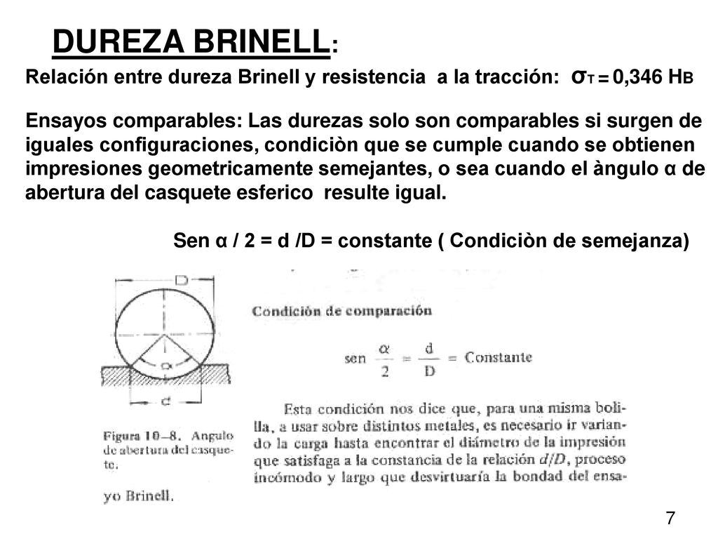 DUREZA BRINELL: Relación entre dureza Brinell y resistencia a la tracción: σT = 0,346 HB.