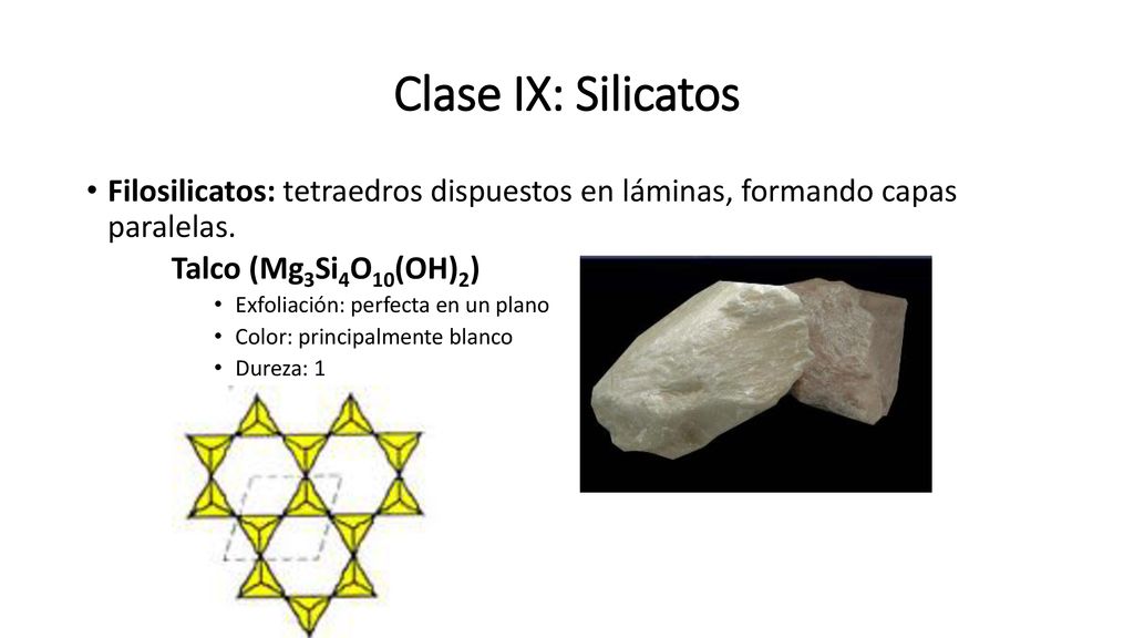 Clase IX: Silicatos Filosilicatos: tetraedros dispuestos en láminas, formando capas paralelas. Talco (Mg3Si4O10(OH)2)