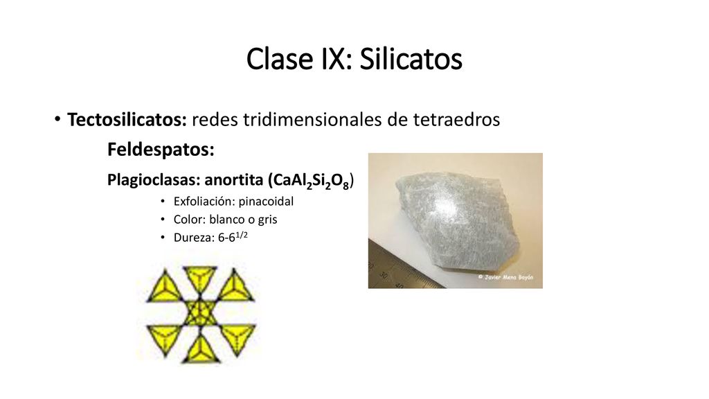 Clase IX: Silicatos Tectosilicatos: redes tridimensionales de tetraedros. Feldespatos: Plagioclasas: anortita (CaAl2Si2O8)