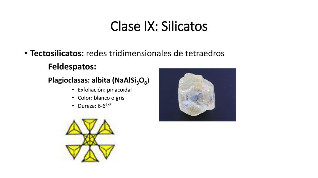 Clase IX: Silicatos Tectosilicatos: redes tridimensionales de tetraedros. Feldespatos: Plagioclasas: albita (NaAlSi3O8)