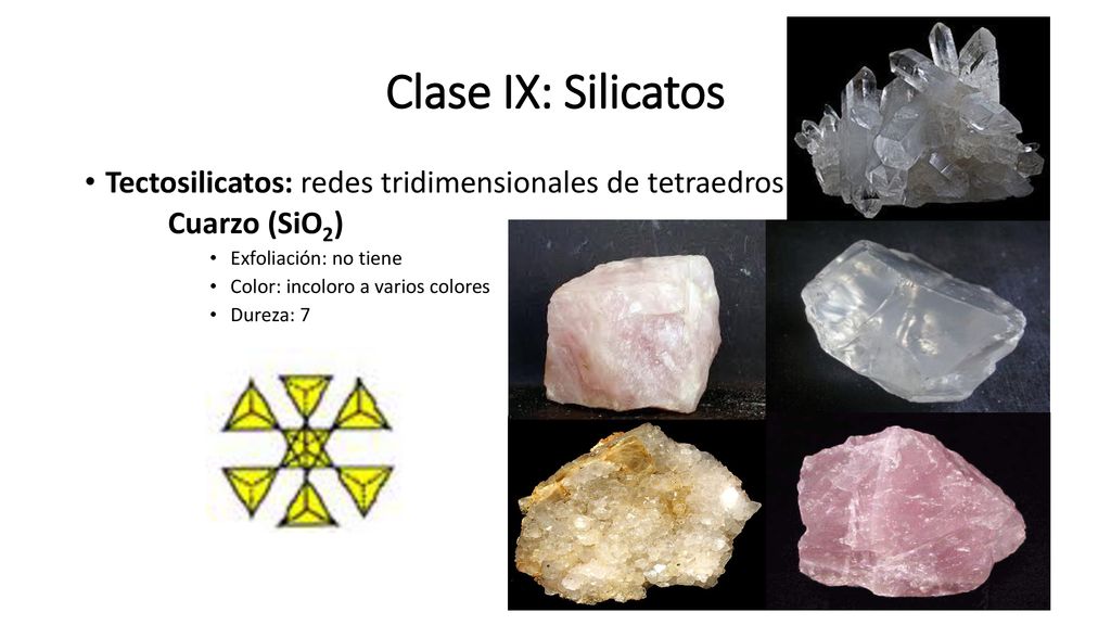 Clase IX: Silicatos Tectosilicatos: redes tridimensionales de tetraedros. Cuarzo (SiO2) Exfoliación: no tiene.