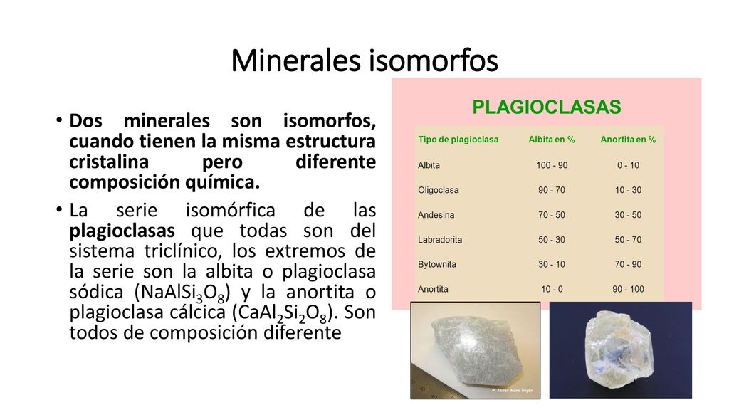 Minerales isomorfos Dos minerales son isomorfos, cuando tienen la misma estructura cristalina pero diferente composición química.