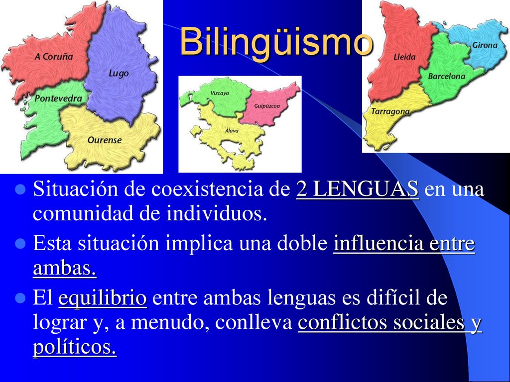 Bilingüismo Situación de coexistencia de 2 LENGUAS en una comunidad de individuos. Esta situación implica una doble influencia entre ambas.