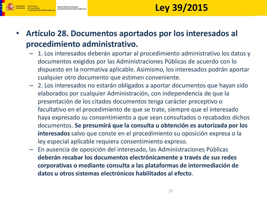 Ley 39/2015 Artículo 28. Documentos aportados por los interesados al procedimiento administrativo.