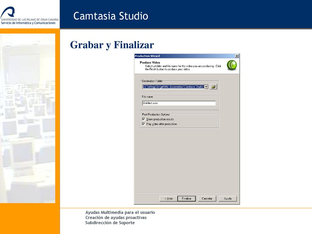 Camtasia Studio Grabar y Finalizar Página para texto en general.