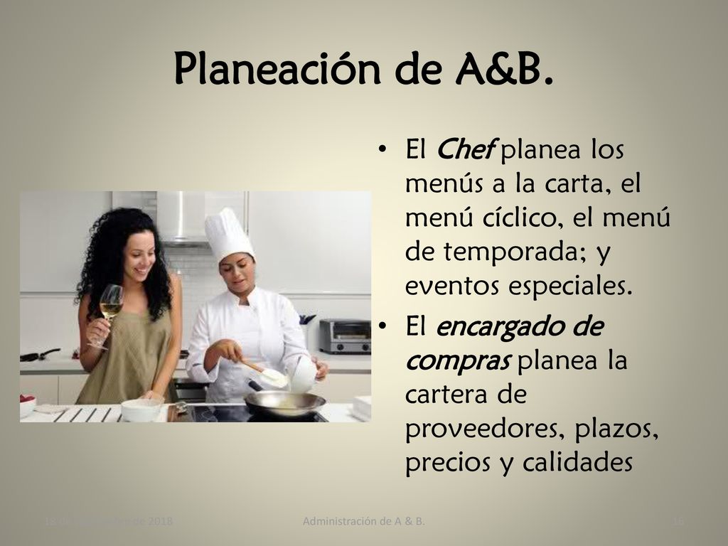 Planeación de A&B. El Chef planea los menús a la carta, el menú cíclico, el menú de temporada; y eventos especiales.