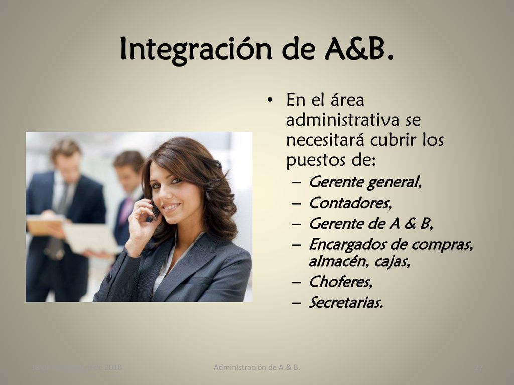 Integración de A&B. En el área administrativa se necesitará cubrir los puestos de: Gerente general,