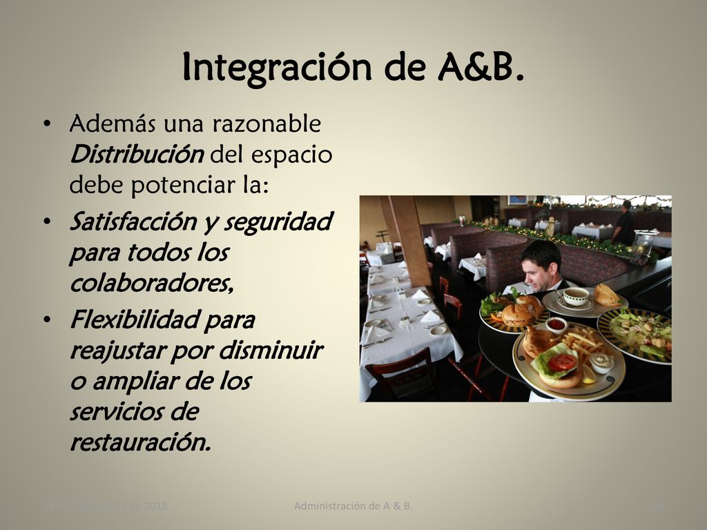 Integración de A&B. Además una razonable Distribución del espacio debe potenciar la: Satisfacción y seguridad para todos los colaboradores,