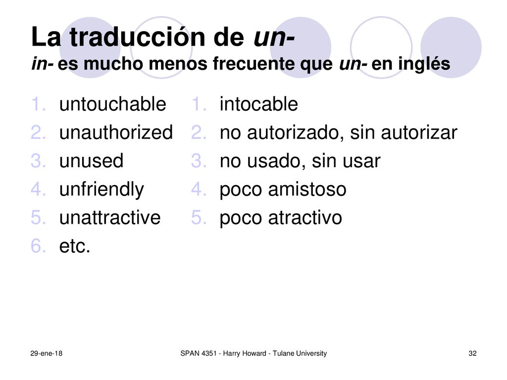 La traducción de un- in- es mucho menos frecuente que un- en inglés