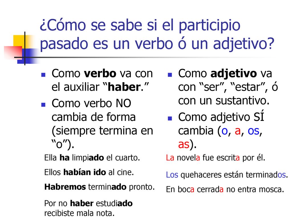 ¿Cómo se sabe si el participio pasado es un verbo ó un adjetivo