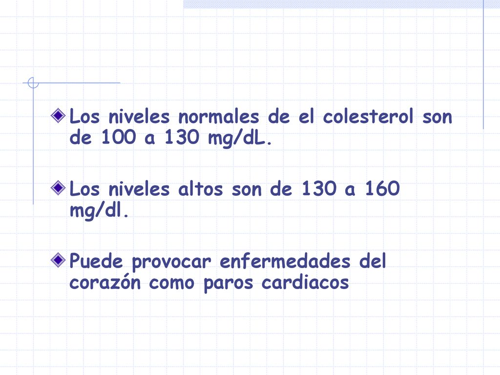 Los niveles normales de el colesterol son de 100 a 130 mg/dL.