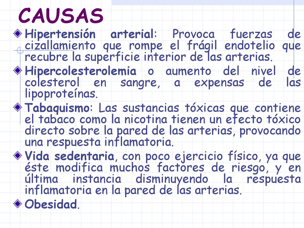 CAUSAS Hipertensión arterial: Provoca fuerzas de cizallamiento que rompe el frágil endotelio que recubre la superficie interior de las arterias.
