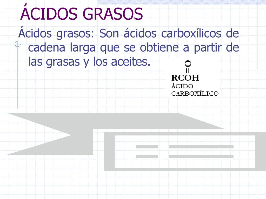 ÁCIDOS GRASOS Ácidos grasos: Son ácidos carboxílicos de cadena larga que se obtiene a partir de las grasas y los aceites.