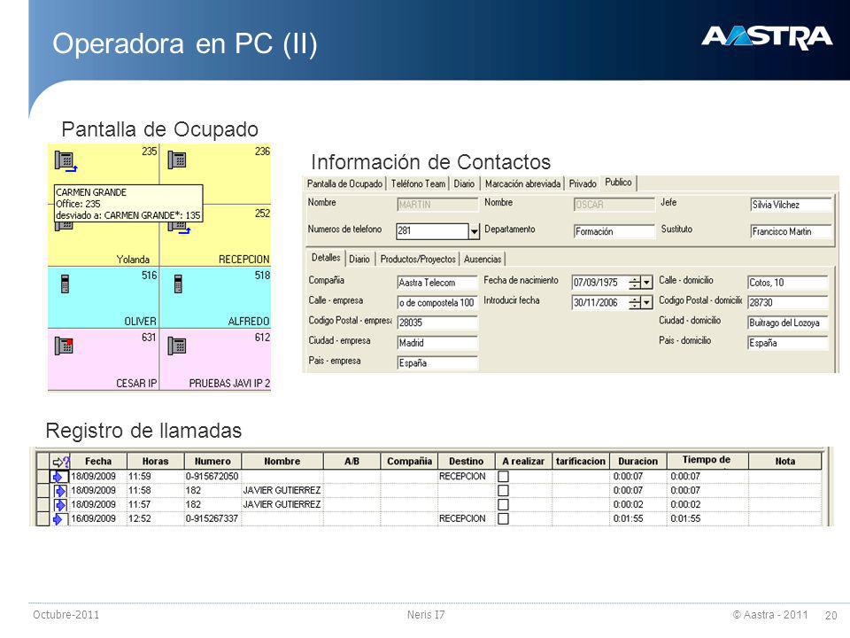 Operadora en PC (II) Pantalla de Ocupado Información de Contactos