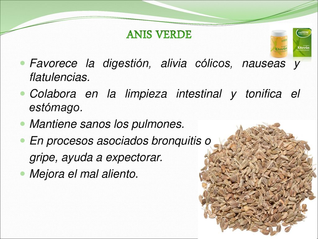 ANIS VERDE Favorece la digestión, alivia cólicos, nauseas y flatulencias. Colabora en la limpieza intestinal y tonifica el estómago.