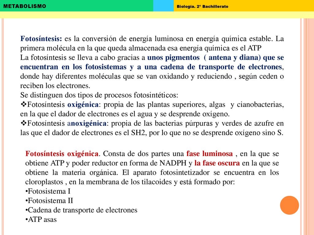 Fotosíntesis: es la conversión de energía luminosa en energía química estable. La primera molécula en la que queda almacenada esa energía química es el ATP