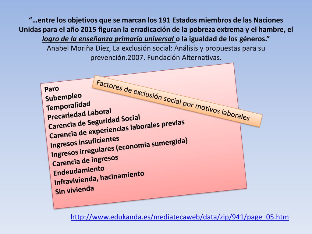 …entre los objetivos que se marcan los 191 Estados miembros de las Naciones Unidas para el año 2015 figuran la erradicación de la pobreza extrema y el hambre, el logro de la enseñanza primaria universal o la igualdad de los géneros. Anabel Moriña Díez, La exclusión social: Análisis y propuestas para su prevención Fundación Alternativas.