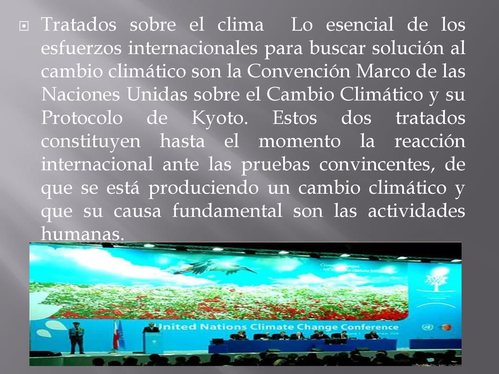 Tratados sobre el clima Lo esencial de los esfuerzos internacionales para buscar solución al cambio climático son la Convención Marco de las Naciones Unidas sobre el Cambio Climático y su Protocolo de Kyoto.