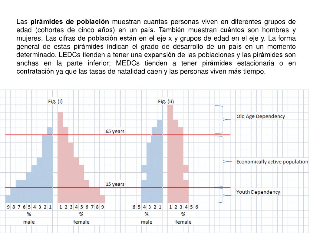Las pirámides de población muestran cuantas personas viven en diferentes grupos de edad (cohortes de cinco años) en un país.