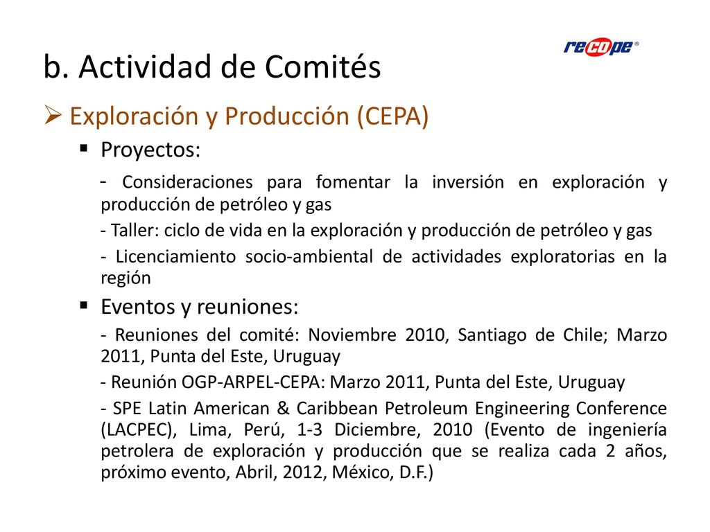 b. Actividad de Comités Exploración y Producción (CEPA) Proyectos: