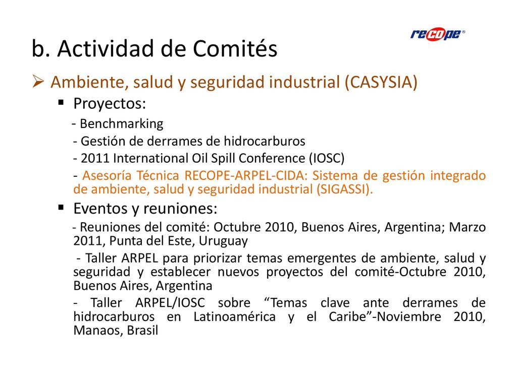 b. Actividad de Comités Ambiente, salud y seguridad industrial (CASYSIA) Proyectos: - Benchmarking.
