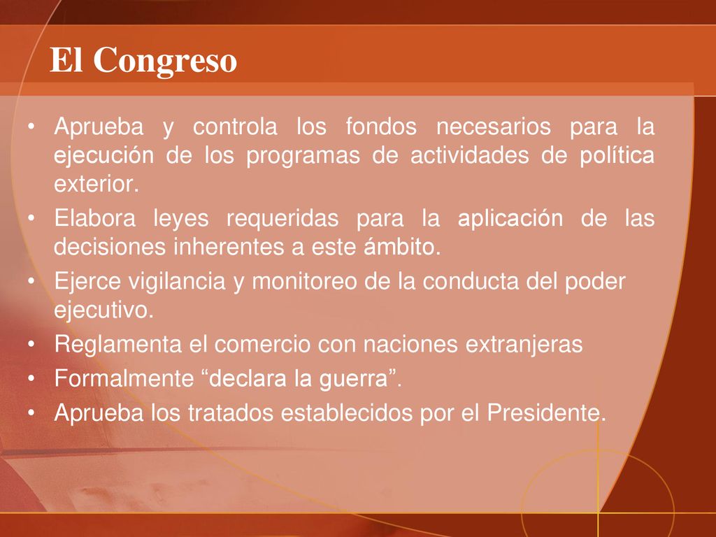 El Congreso Aprueba y controla los fondos necesarios para la ejecución de los programas de actividades de política exterior.