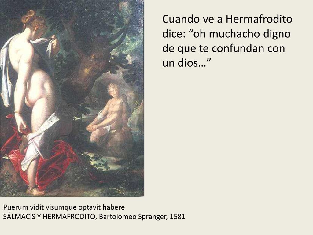 Cuando ve a Hermafrodito dice: oh muchacho digno de que te confundan con un dios…