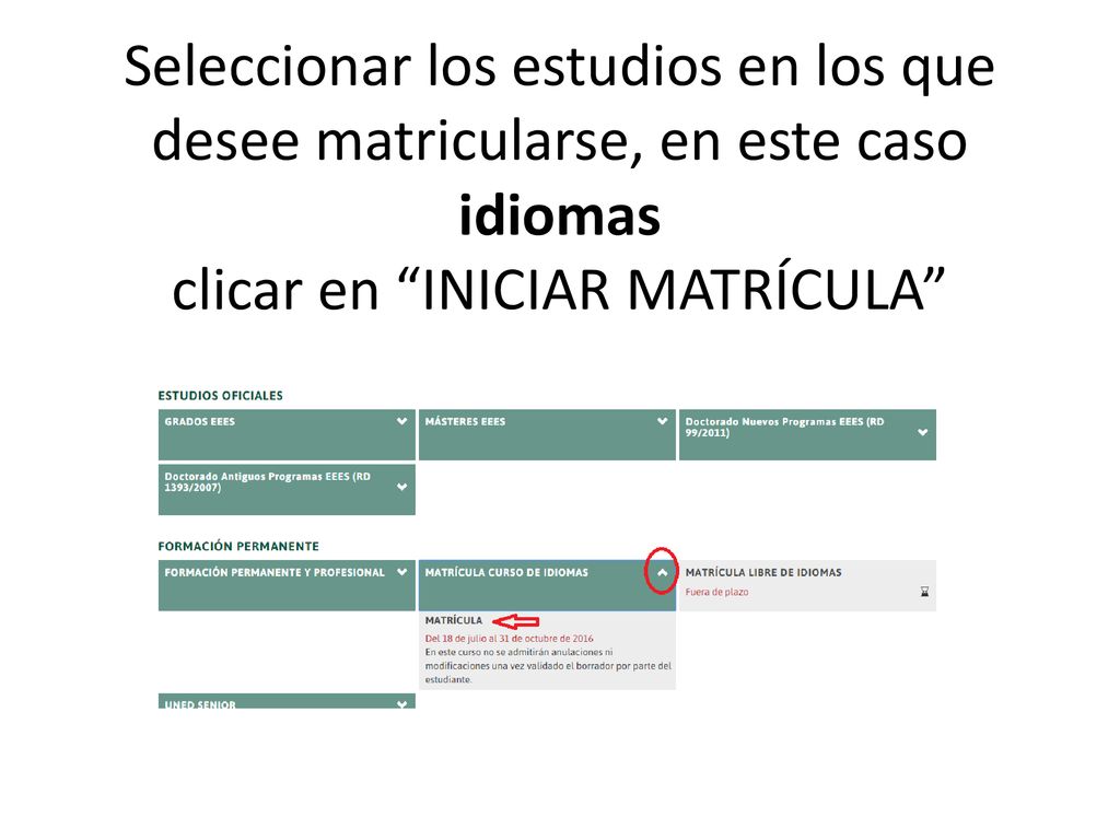 Seleccionar los estudios en los que desee matricularse, en este caso idiomas clicar en INICIAR MATRÍCULA