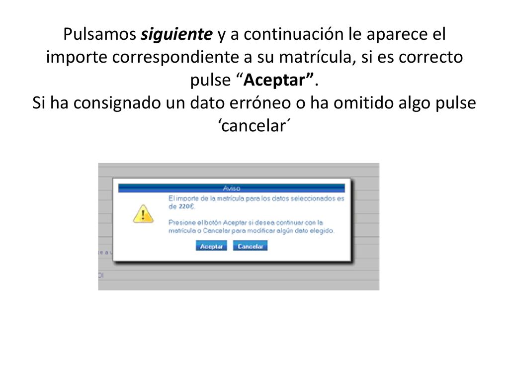 Pulsamos siguiente y a continuación le aparece el importe correspondiente a su matrícula, si es correcto pulse Aceptar .