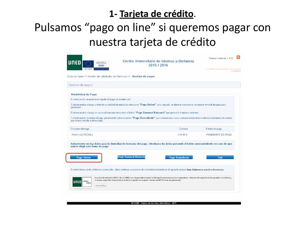 1‐ Tarjeta de crédito. Pulsamos pago on line si queremos pagar con nuestra tarjeta de crédito