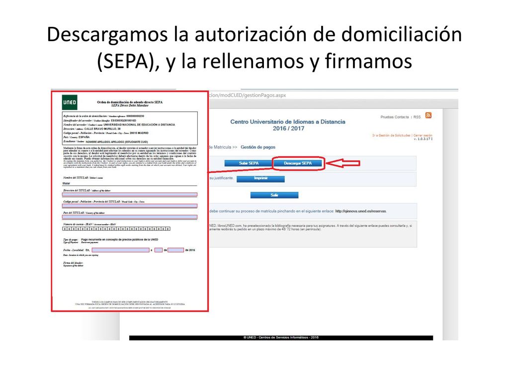Descargamos la autorización de domiciliación (SEPA), y la rellenamos y firmamos