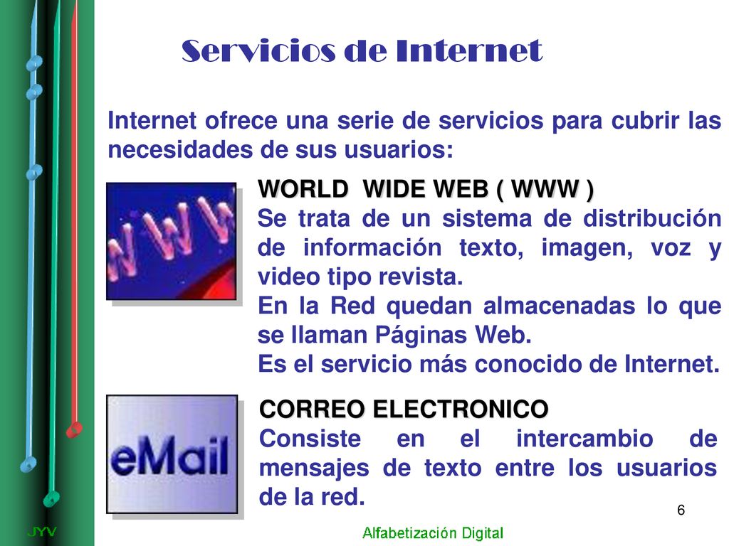 Servicios de Internet Internet ofrece una serie de servicios para cubrir las necesidades de sus usuarios: