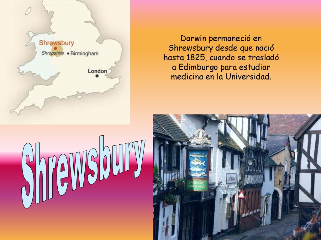 Darwin permaneció en Shrewsbury desde que nació hasta 1825, cuando se trasladó a Edimburgo para estudiar medicina en la Universidad.