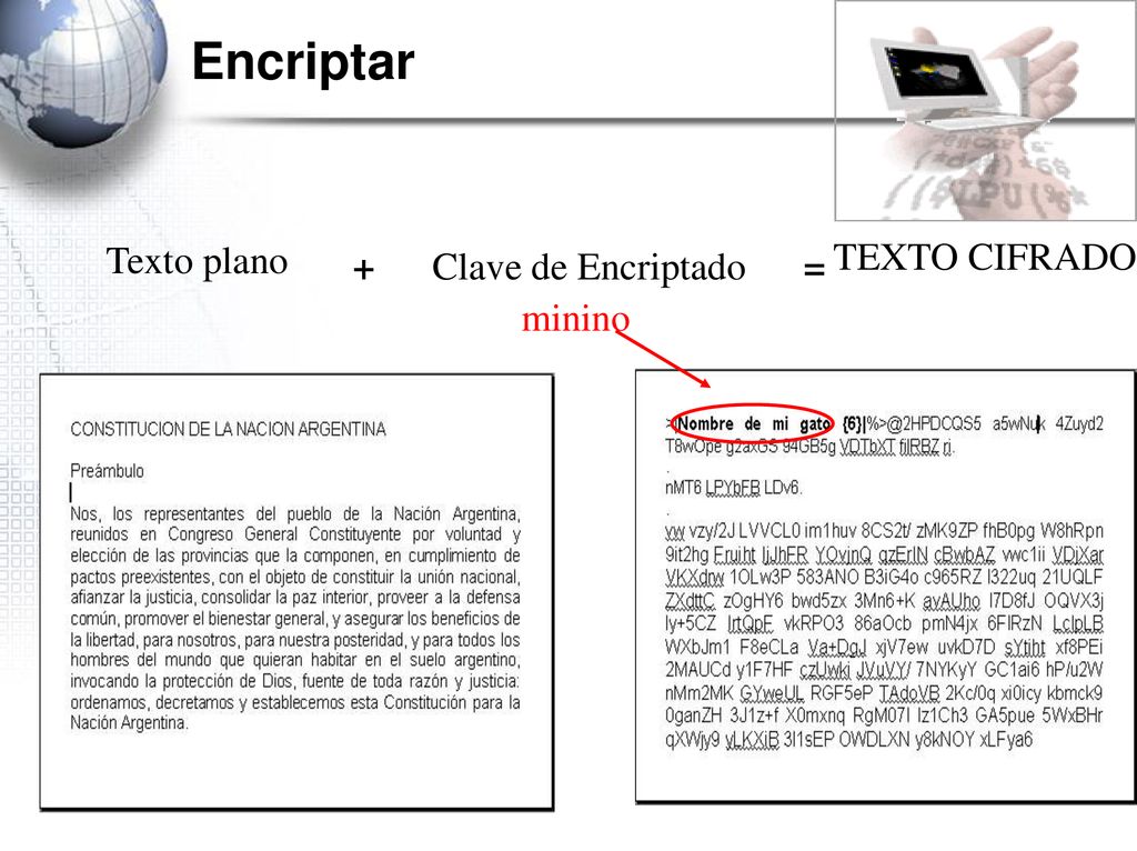 Encriptar Texto plano TEXTO CIFRADO + Clave de Encriptado = minino