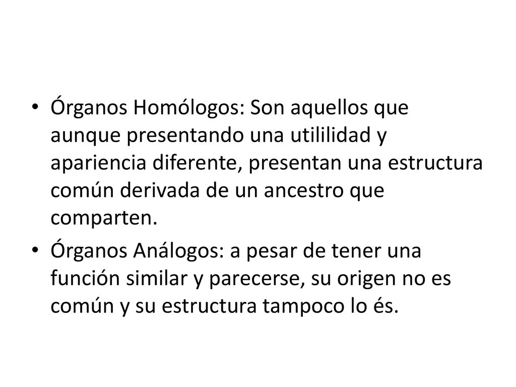Órganos Homólogos: Son aquellos que aunque presentando una utililidad y apariencia diferente, presentan una estructura común derivada de un ancestro que comparten.