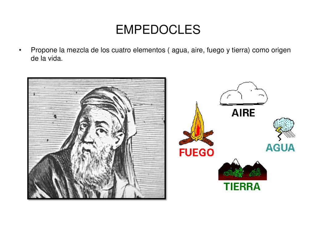 EMPEDOCLES Propone la mezcla de los cuatro elementos ( agua, aire, fuego y tierra) como origen de la vida.