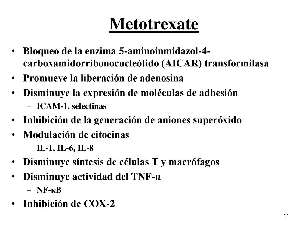 Metotrexate Bloqueo de la enzima 5-aminoinmidazol-4-carboxamidorribonocucleótido (AICAR) transformilasa.