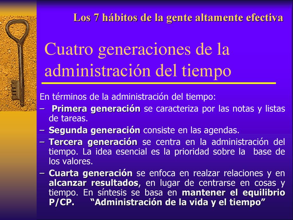 Los 7 hábitos de la gente altamente efectiva Cuatro generaciones de la administración del tiempo
