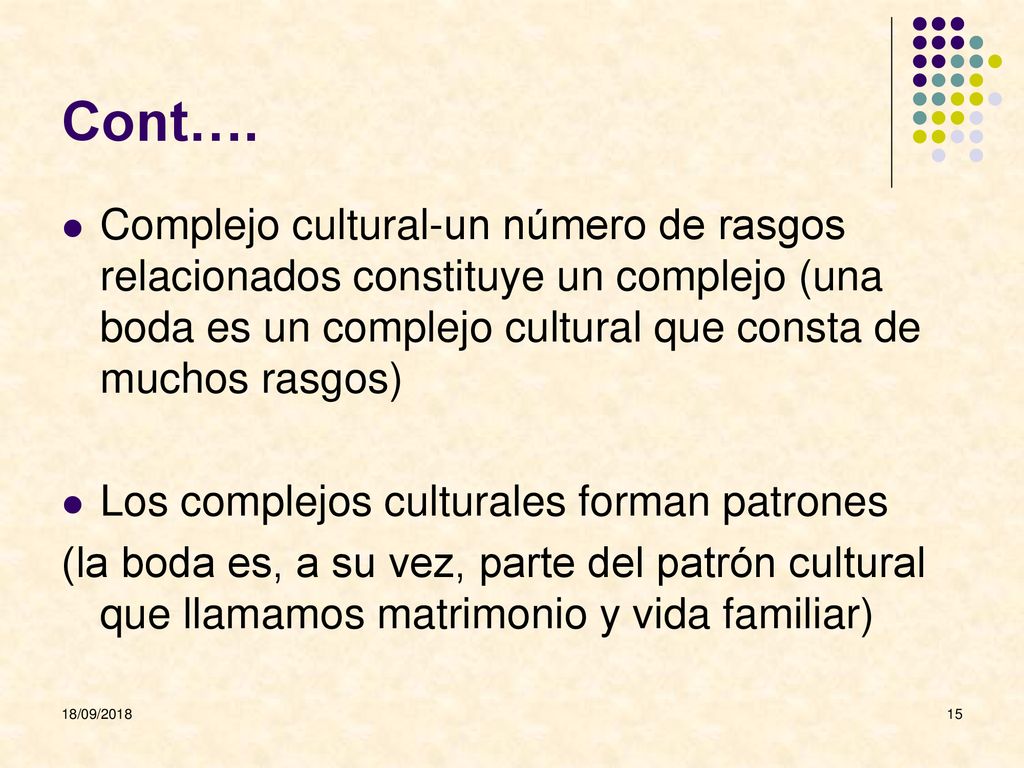 Cont…. Complejo cultural-un número de rasgos relacionados constituye un complejo (una boda es un complejo cultural que consta de muchos rasgos)