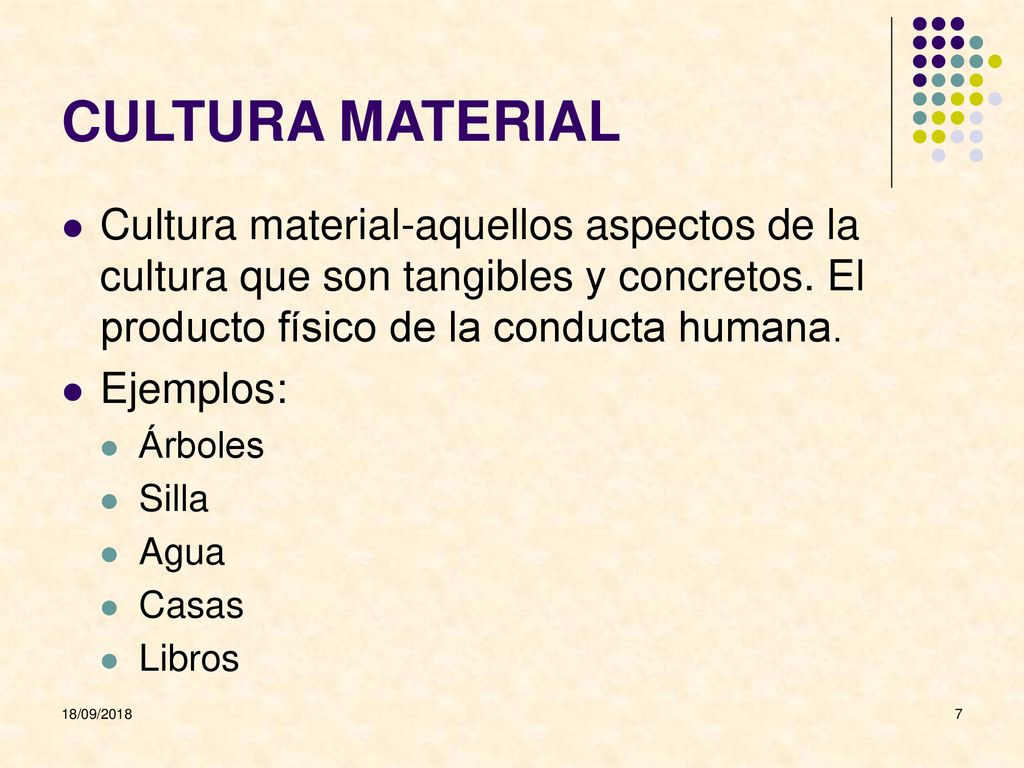 CULTURA MATERIAL Cultura material-aquellos aspectos de la cultura que son tangibles y concretos. El producto físico de la conducta humana.