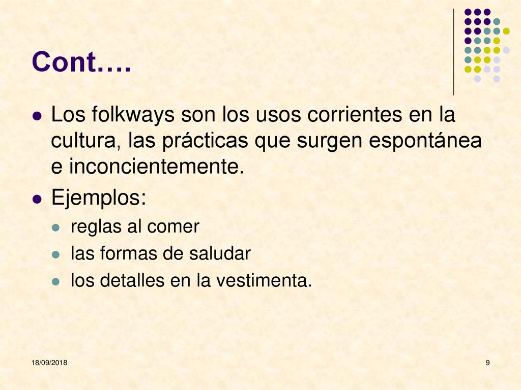 Cont…. Los folkways son los usos corrientes en la cultura, las prácticas que surgen espontánea e inconcientemente.