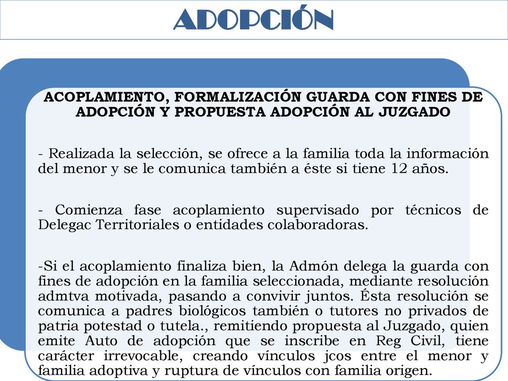 ADOPCIÓN ACOPLAMIENTO, FORMALIZACIÓN GUARDA CON FINES DE ADOPCIÓN Y PROPUESTA ADOPCIÓN AL JUZGADO.