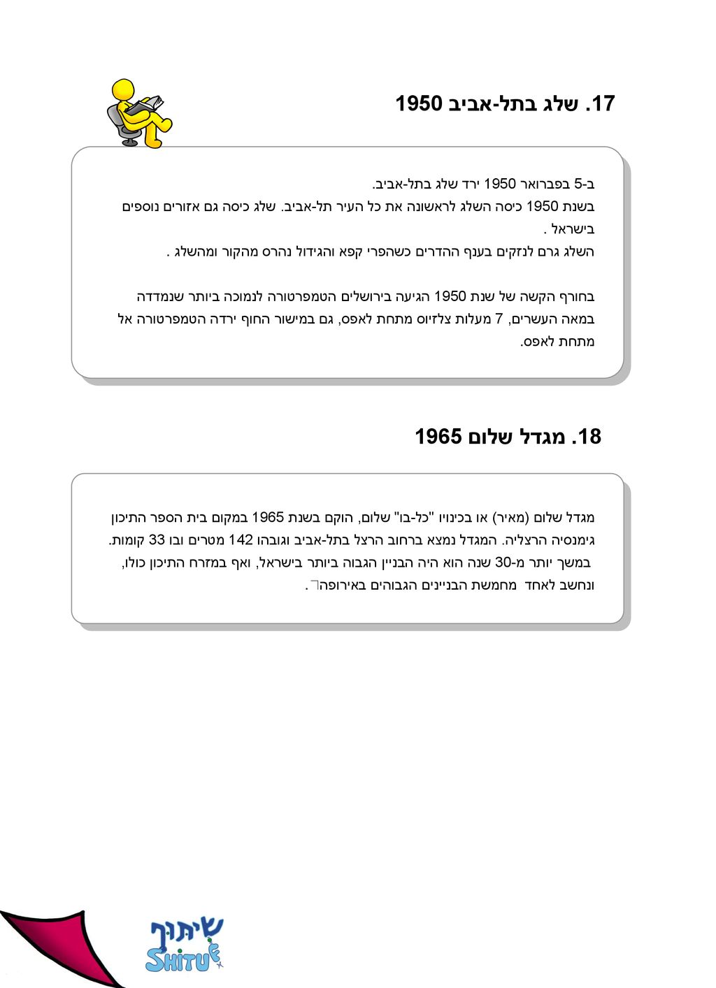 17. שלג בתל-אביב 1950 ב-5 בפברואר 1950 ירד שלג בתל-אביב. בשנת 1950 כיסה השלג לראשונה את כל העיר תל-אביב. שלג כיסה גם אזורים נוספים בישראל.
