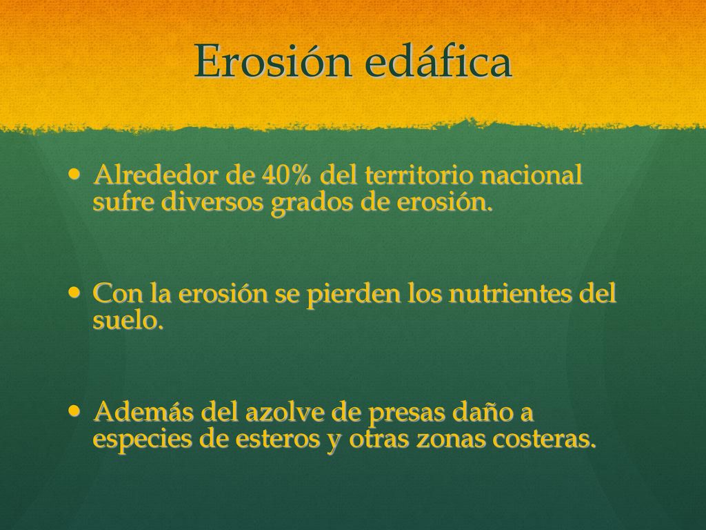 Erosión edáfica Alrededor de 40% del territorio nacional sufre diversos grados de erosión. Con la erosión se pierden los nutrientes del suelo.